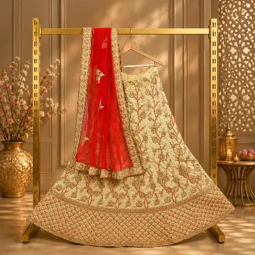 [39021001RU9146] Women's Ivory Lehenga Choli with Gold Embroidery and Coral Net Dupatta