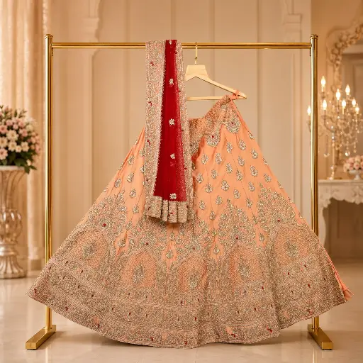 [60621001WJ9674] Women's Peach Bridal Lehenga Choli with Heavy Silver Embroidery and Red Dupatta