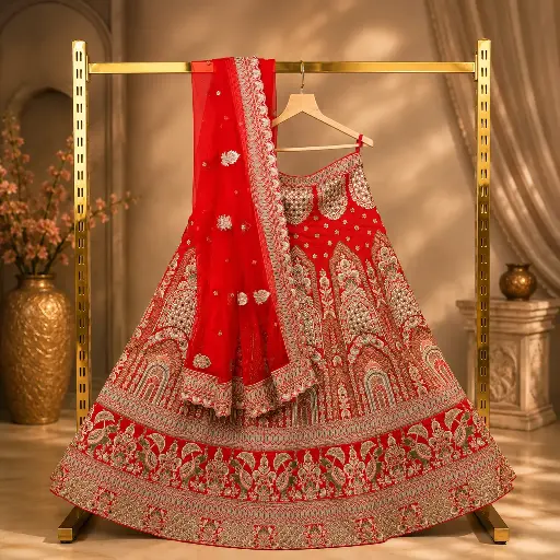 [00718001KC3193] Women's Red Bridal Lehenga Choli with Heavy Gold Embroidery and Net Dupatta