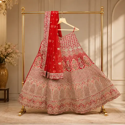 [00718001KC4893] Women's Red Bridal Lehenga Choli with Heavy Gold Embroidery & Matching Dupatta