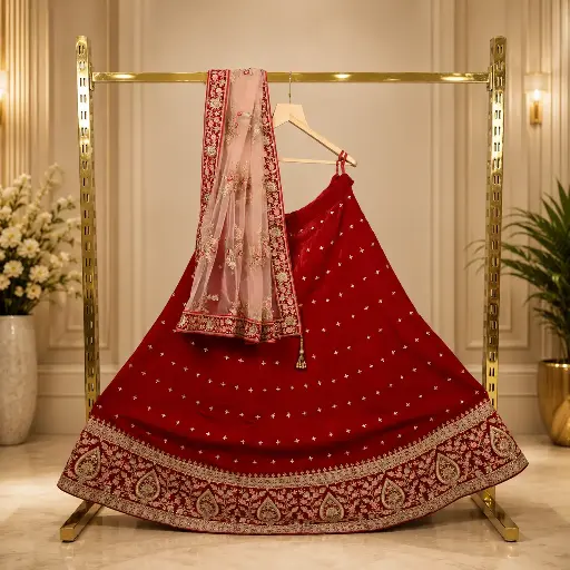 [41118001TY1896] Women's Red Bridal Lehenga Choli with Gold Embroidery, Blush Pink Net Dupatta
