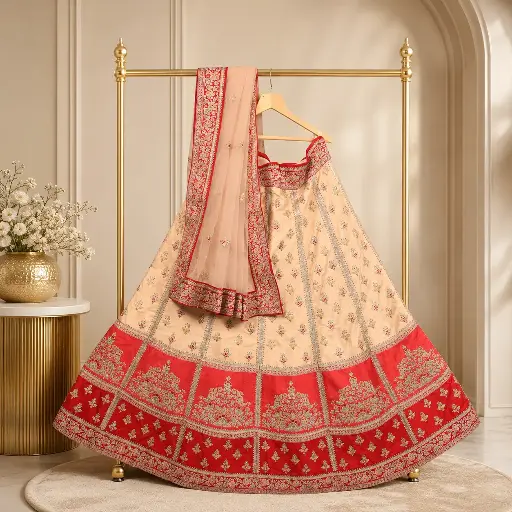 [60318001KS1096] Women's Ivory & Red Lehenga Choli with Floral Embroidery and Matching Dupatta