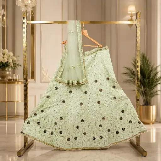 [60318001MO4974] Women's Mint Green Lehenga Choli with Floral Embroidery & Net Dupatta