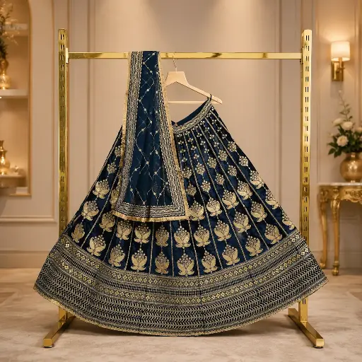 [73318001HO36C0] Women's Navy Blue Bridal Lehenga Choli with Gold Lotus Embroidery and Matching Dupatta