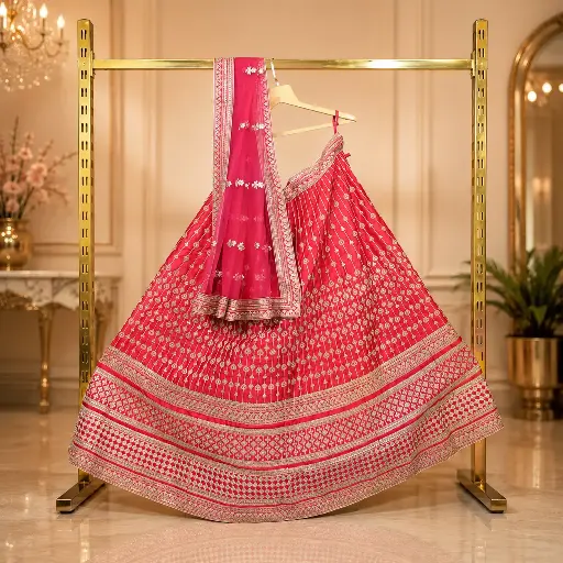 [73318001HR57C0] Women's Rani Pink Lehenga Choli with Gold Embroidery and Matching Net Dupatta