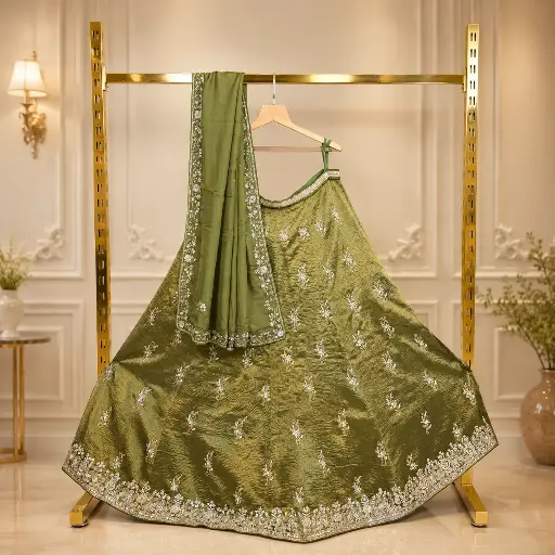 [76618001ED11E3] Women's Olive Green Lehenga Choli with Silver Embroidery and Matching Dupatta