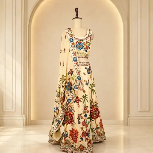 [93318001FZ13E2] Women's Ivory Floral Lehenga Choli with Matching Dupatta