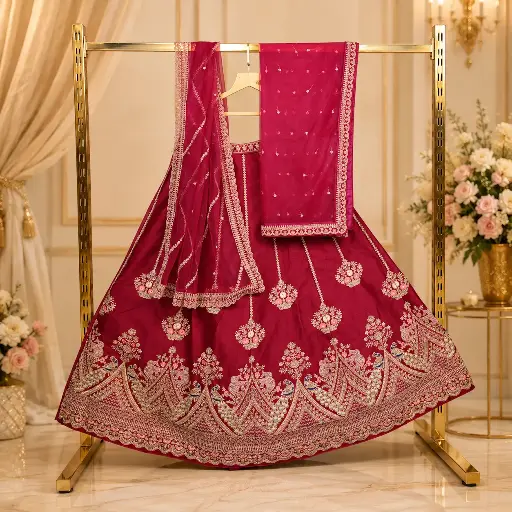 [93318001FZ15E2] Women's Ruby Red Bridal Lehenga Choli Set with Peacock Embroidery, Sequins & Embellished Net Dupatta