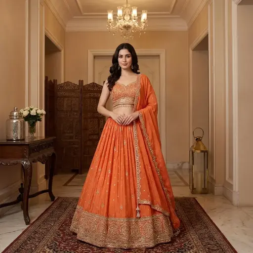 [95318001EN11E6] Tangerine Orange Mirror Work Silk Lehenga Choli Set