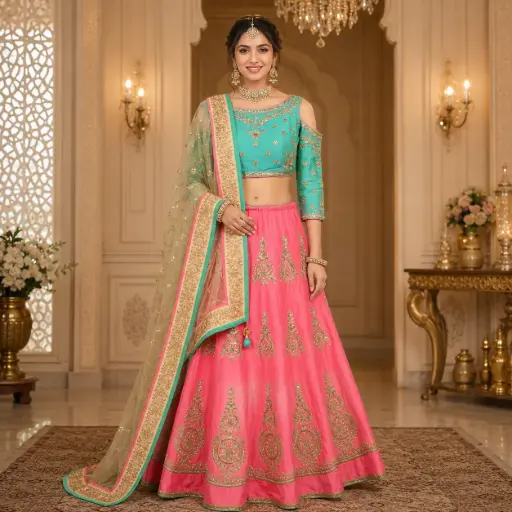 [46619001ZU8451] Women's Pink Turquoise Embroidered Lehenga Choli with Net Dupatta for Wedding and Festive Party Wear