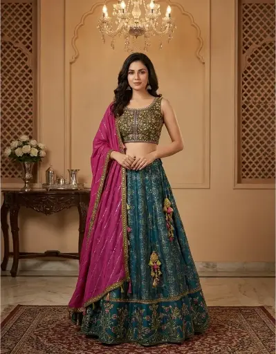 [03042025IP73B0] Olive Green Embroidered Choli with Teal Patola Lehenga Set