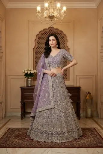 [31342002FF78D7] Lavender Purple Embroidered Net Crop Top Lehenga Choli Set