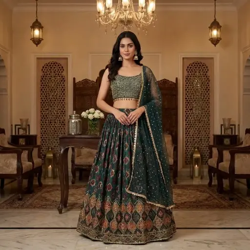 [66642002IU48B2] Bottle Green Silk Printed Lehenga Set with Embellished Choli