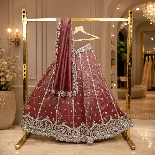[93742001QP45E6] Women's Mauve Lehenga Choli with Silver Embroidery and Matching Dupatta