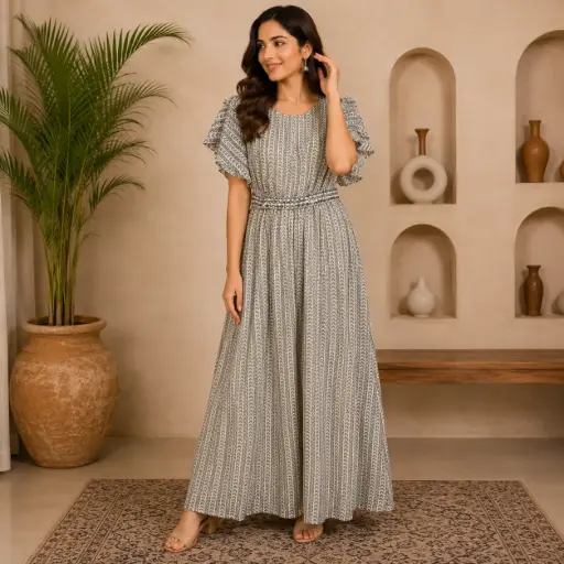 [00925002IA15B5] Women's Grey Printed Maxi Dress | Elegant Flutter Sleeve Long Gown