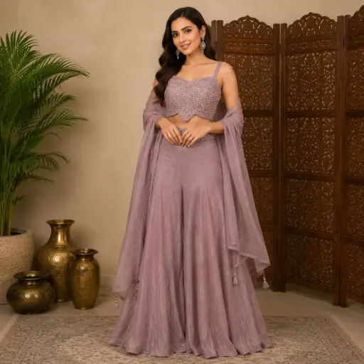 [00925002PV63E2] Women's Mauve Embroidered Crop Top Sharara Set with Dupatta