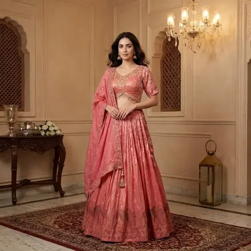 [00925002WJ49C9] Coral Pink Brocade Silk Hand-Embroidered Lehenga Choli Set