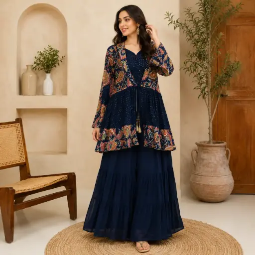 [00925003IT49B5] Women's Navy Blue Paisley Printed Palazzo Set with Flared Shrug Style Kurti