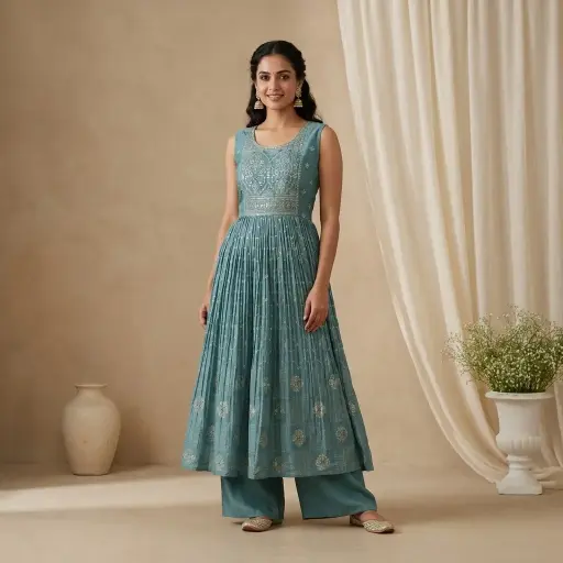 [45225011FW54E1] Teal Embroidered Pleated Silk Anarkali Kurta Set