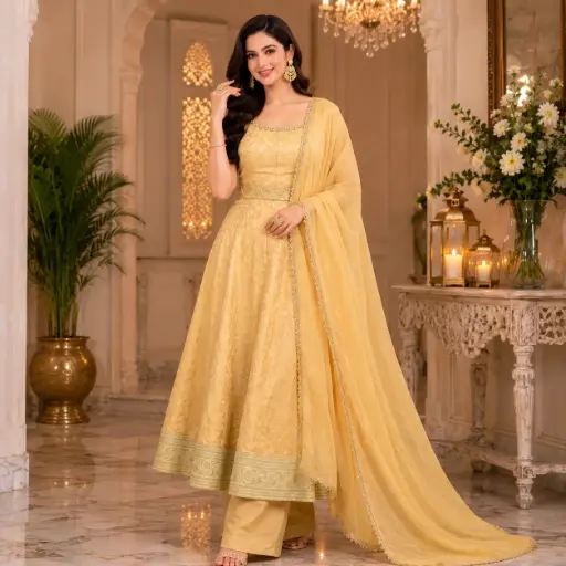 [45225012GM23C9] Women's Cream Embroidered Anarkali Suit Set with Dupatta & Straight Pants