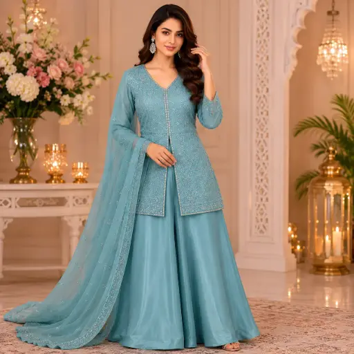 [45225074FT63E1] Women's Sky Blue Embroidered Kurti Palazzo Set with Dupatta