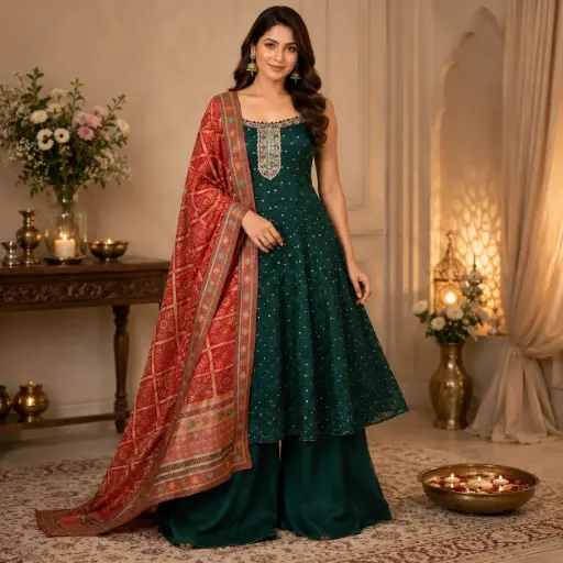 [45225074QP48E5] Women's Bottle Green Embroidered Kurta Palazzo Set with Printed Dupatta