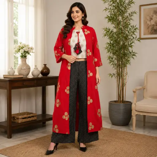 [60425001MY6173] Women's Red Indo Western Shrug Style Co-Ord Set with Crop Top & Check Palazzo Pants
