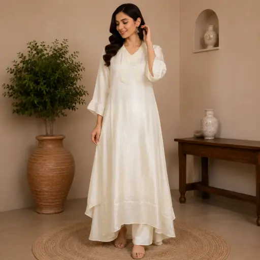 [DRESSES - 16594TP-UBKN] Women's Ivory Satin Long Kurta Set | Elegant Designer Ethnic Dress