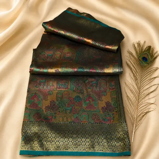 [54017001FZ66E8] Dark Brocade Silk Saree with Peacock Story Pallu, Teal Border & Gold Zari