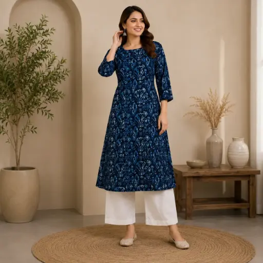 [97043001ER75F0] Women's Printed Kurti with Parallel Pant Set | Elegant Blue Ethnic Wear with 3/4 Sleeves