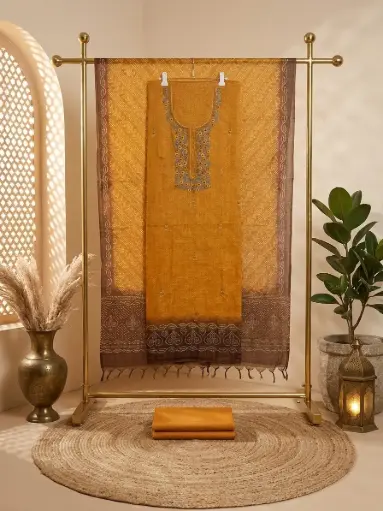 [09406001EQ94E8] Mustard Yellow Embroidered Chanderi Silk Unstitched Dress Material