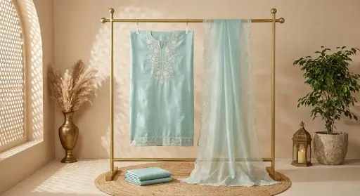 [09406001IQ63E1] Pastel Sea Green Silk Embroidered Unstitched Dress Material