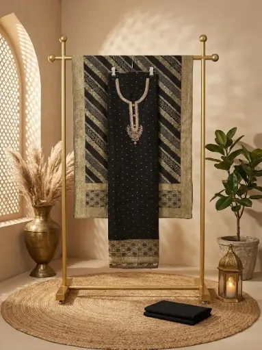 [09406001KC18E8] Black Silk Unstitched Suit with Banarasi Zari Dupatta