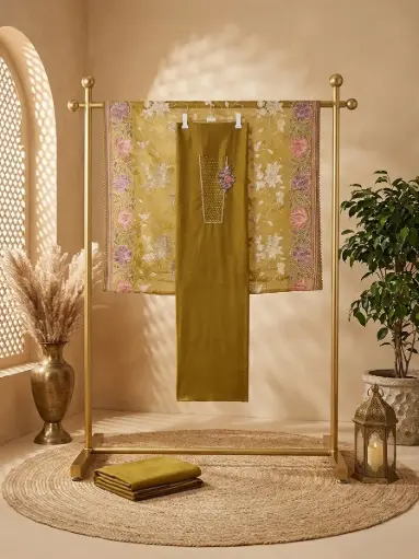 [09406001PJ71E8] Olive Green Embroidered Chanderi Silk Unstitched Suit Material