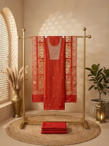 [09406001RH05E8] Rust Orange Silk Unstitched Suit with Banarasi Dupatta
