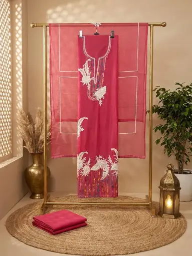 [09406001ST50E8] Rani Pink Embroidered Cotton Silk Unstitched Dress Material Set