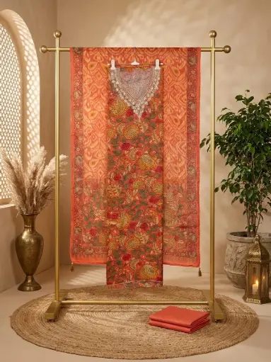 [41006002FQ92E0] Rust Orange Kalamkari and Ikat Unstitched Dress Material