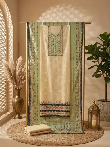 [68106001ZH0796] Cream and Sage Green Chanderi Unstitched Dress Material