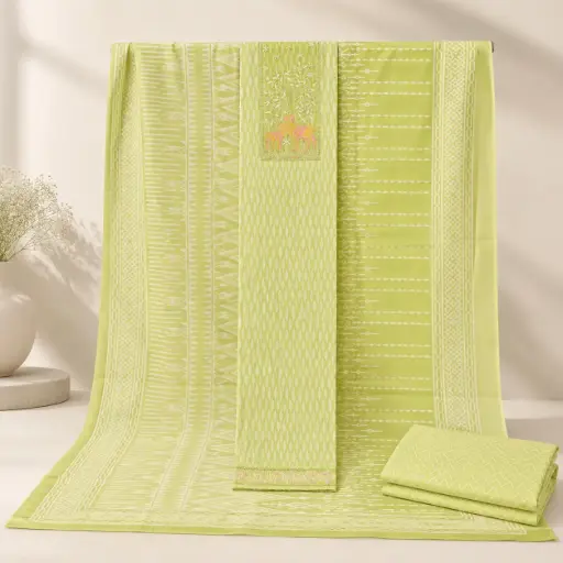 [69306001EO90E7] Pista Green Unstitched Dress Material Set with Geometric Print, Deer Embroidery and Matching Dupatta 