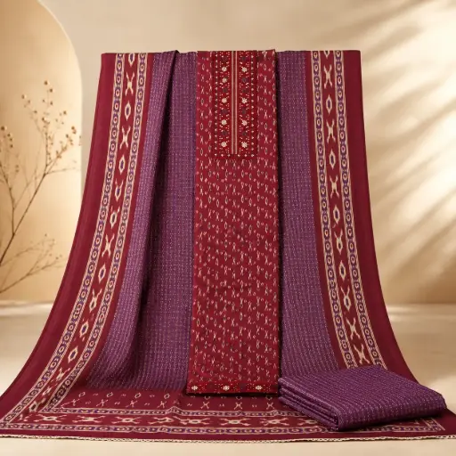 [69306001ES16F0] Women’s Maroon Purple Ikat Printed Unstitched Dress Material Set with Embroidered Neckline 