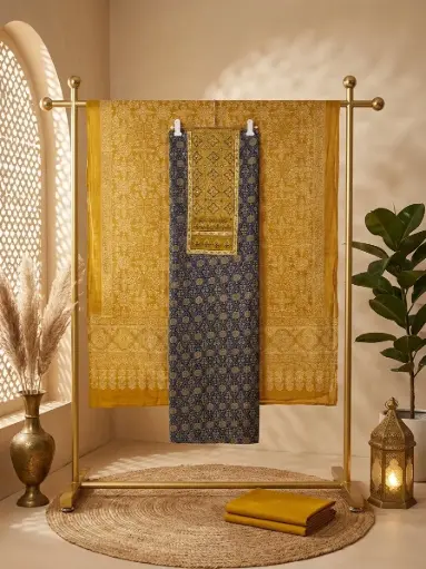[69306001ES19F0] Mustard and Indigo Cotton Unstitched Dress Material Suit Set