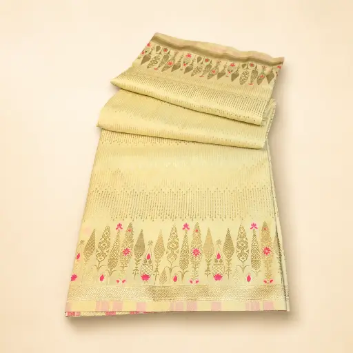 [54017001EA38E2] Cream Gold Banarasi Style Saree with Pink Floral Border
