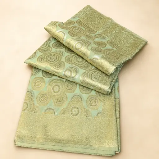 [54017001EA27E2] Mint Green Gold Banarasi Style Saree with Circular Zari