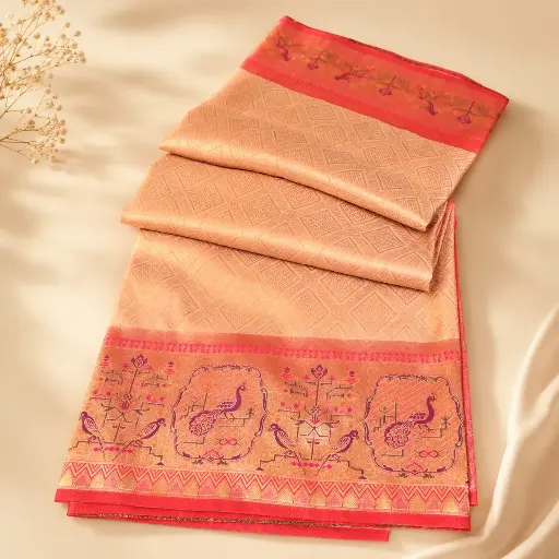 [54017001EQ67E8] Peach Orange Gold Banarasi Style Saree with Peacock Border and Diamond Zari Weave