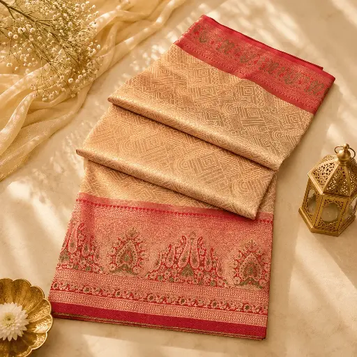 [54017001EQ69E8] Beige Gold Banarasi Silk Saree with Pink Paisley Border & Geometric Zari Woven