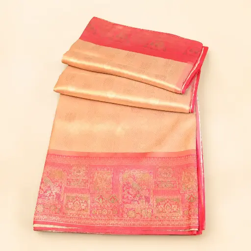 [54017001EQ71E8] Peach Gold Banarasi Style Saree with Pink Peacock Zari Border