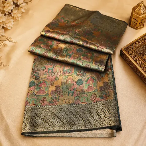 [54017001FZ66E2] Elegant Black Banarasi Silk Saree with Heritage Zari Weave