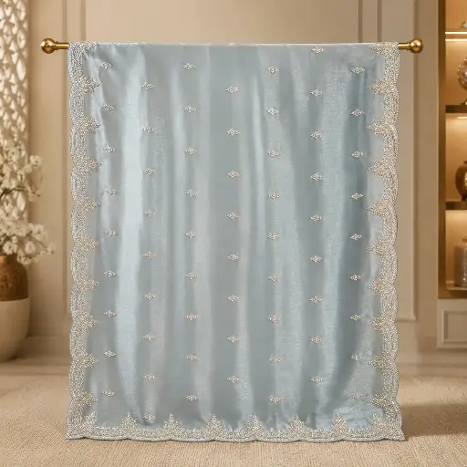 [54017001EQ59E8] Sky Blue Dupatta with Silver Motifs and Embellished Scalloped Border