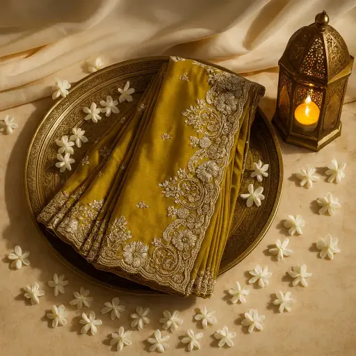[54017001EQ61E8] Elegant Mustard Gold Designer Saree with Exquisite Silver Embroidery
