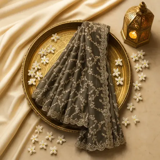 [54017001EQ78E8] Elegant Charcoal Shimmer Saree with Intricate Sequin Embroidery 